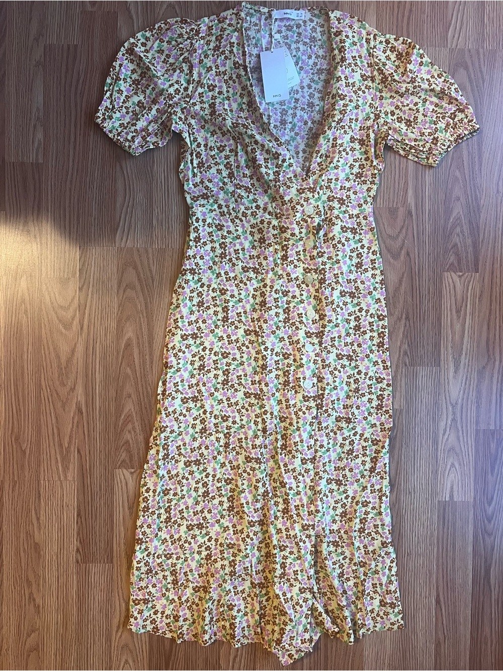 Mango Cream Midi Dress with Pink and Green Floral Print